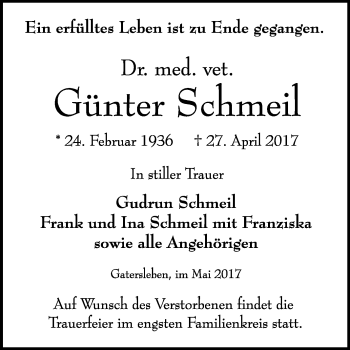 Traueranzeige von Günter Schmeil von WVG - Wochenspiegel Quedlinburg
