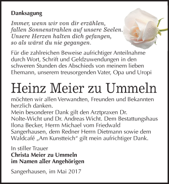 Traueranzeige von Heinz  Meier zu Ummeln von Mitteldeutsche Zeitung Sangerhausen