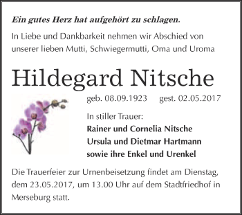 Traueranzeige von Hildegard Nitsche von WVG - Wochenspiegel Merseburg