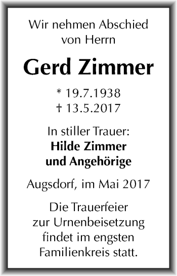Traueranzeige von Gerd Zimmer von Mitteldeutsche Zeitung Mansfelder Land