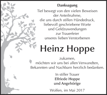 Traueranzeige von Heinz Hoppe von WVG - Wochenspiegel Bitterfeld