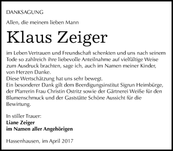 Traueranzeige von Klaus Zeiger von Mitteldeutsche Zeitung Naumburg/Nebra