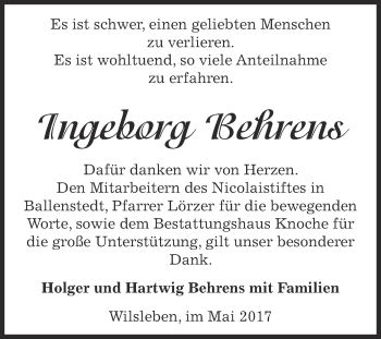 Traueranzeige von Ingeborg Behrens von Super Sonntag Aschersleben