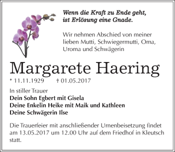 Traueranzeige von Margarete Haering von Mitteldeutsche Zeitung Dessau-Roßlau