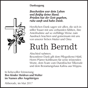 Traueranzeige von Ruth Berndt von WVG - Wochenspiegel Quedlinburg