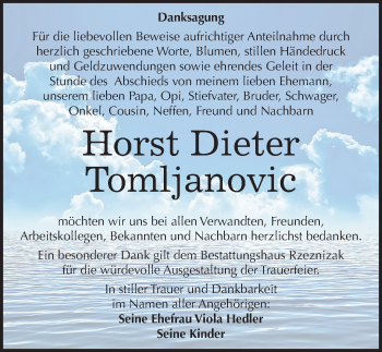 Traueranzeige von Horst Dieter Tomljanovic von Mitteldeutsche Zeitung Mansfelder Land