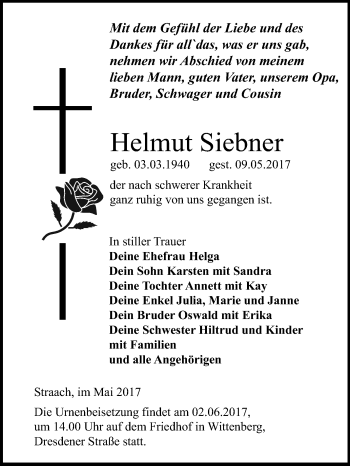 Traueranzeige von Helmut Siebner von WVG - Wochenspiegel Wittenberg