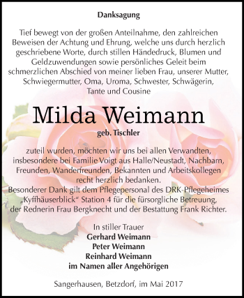 Traueranzeige von Milda Weimann von Super Sonntag SGH Mansf. Land