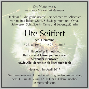 Traueranzeige von Ute Seiffert von Wochenspiegel Mansfelder Land