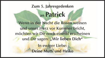 Traueranzeige von Patrick  von WVG - Wochenspiegel Quedlinburg