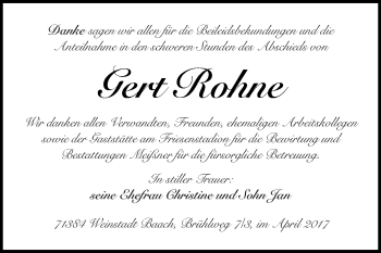 Traueranzeige von Gert Rohne von WVG - Wochenspiegel SGH