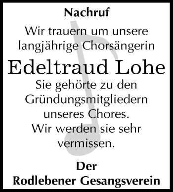 Traueranzeige von Edeltraud Lohe von Mitteldeutsche Zeitung Dessau-Roßlau