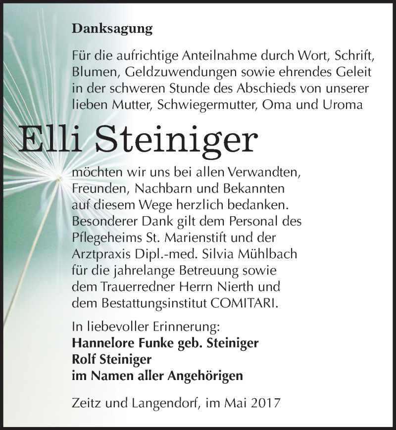  Traueranzeige für Elli Steiniger vom 20.05.2017 aus Mitteldeutsche Zeitung Zeitz