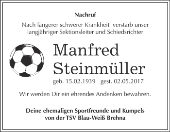 Traueranzeige von Manfred Steinmüller von WVG - Wochenspiegel Bitterfeld