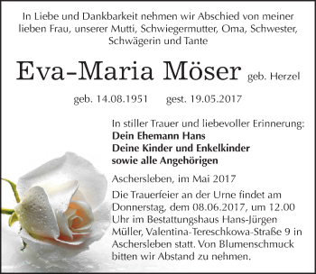 Traueranzeige von Eva-Maria Möser von Mitteldeutsche Zeitung Aschersleben