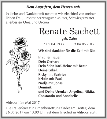 Traueranzeige von Renate Sachett von Wochenspiegel Mansfelder Land