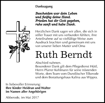 Traueranzeige von Ruth Berndt von Mitteldeutsche Zeitung Quedlinburg