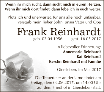 Traueranzeige von Frank Reinhardt von Super Sonntag Aschersleben