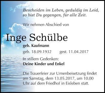 Traueranzeige von Inge Schülbe von Wochenspiegel Mansfelder Land