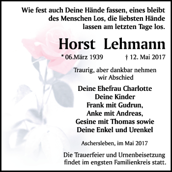 Traueranzeige von Horst Lehmann von WVG - Wochenspiegel Quedlinburg
