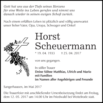 Traueranzeige von Horst Scheuermann von Super Sonntag SGH Mansf. Land