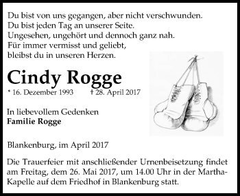 Traueranzeige von Cindy Rogge von Mitteldeutsche Zeitung Halle/Saalkreis