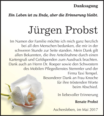 Traueranzeige von Jürgen Probst von Super Sonntag Aschersleben