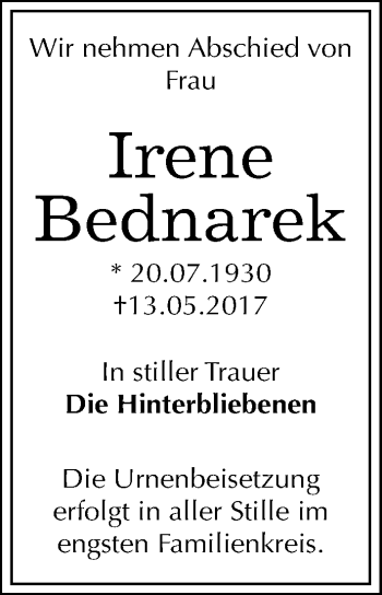 Traueranzeige von Irene Bednarek von Mitteldeutsche Zeitung Bitterfeld