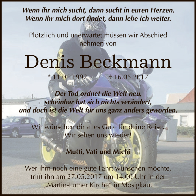  Traueranzeige für Denis Beckmann vom 24.05.2017 aus WVG - Wochenspiegel Dessau / Köthen