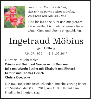 Traueranzeige von Ingetraud Möbius von Mitteldeutsche Zeitung Bitterfeld