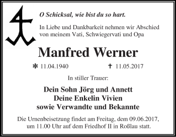 Traueranzeige von Manfred Werner von WVG - Wochenspiegel Dessau / Köthen