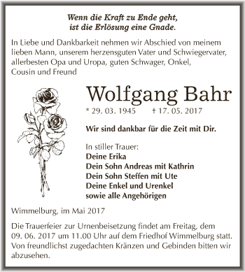 Traueranzeige von Wolfgang Bahr von Wochenspiegel Mansfelder Land