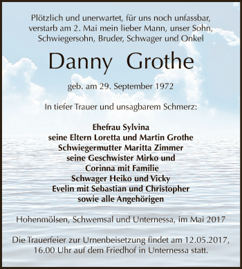 Traueranzeige von Danny Grothe von WVG - Wochenspiegel NMB / WSF / ZTZ