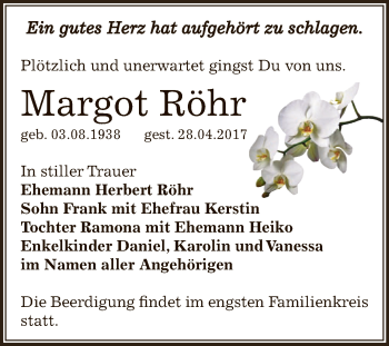 Traueranzeige von Margot Röhr von WVG - Wochenspiegel NMB / WSF / ZTZ