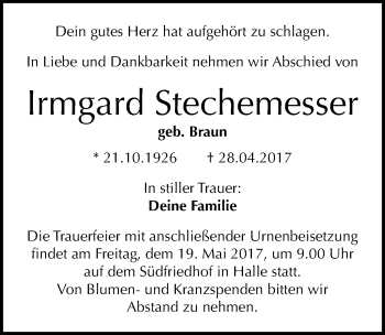 Traueranzeige von Irmgard Stechemesser von Mitteldeutsche Zeitung Merseburg/Querfurt