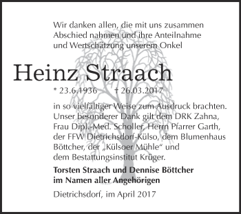 Traueranzeige von Heinz Straach von WVG - Wochenspiegel Wittenberg