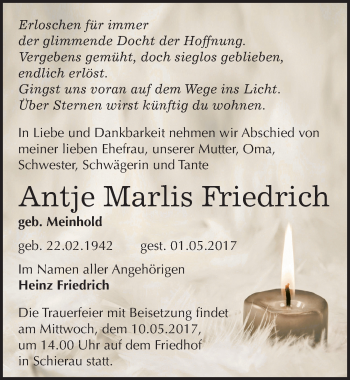 Traueranzeige von Antje Marlis Friedrich von Mitteldeutsche Zeitung Bitterfeld
