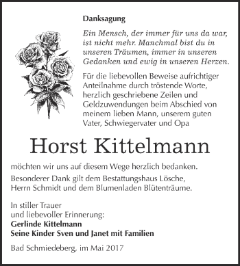 Traueranzeige von Horst Kittelmann von WVG - Wochenspiegel Wittenberg