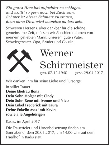 Traueranzeige von Werner Schirrmeister von WVG - Wochenspiegel Wittenberg