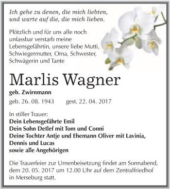 Traueranzeige von Marlis Wagner von WVG - Wochenspiegel Merseburg