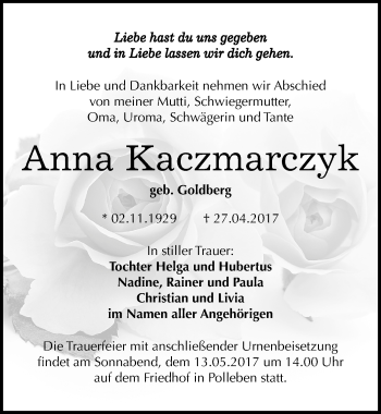 Traueranzeige von Anna Kaczmarczyk von Mitteldeutsche Zeitung Mansfelder Land