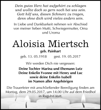 Traueranzeige von Aloisia Miertsch von Mitteldeutsche Zeitung Bitterfeld