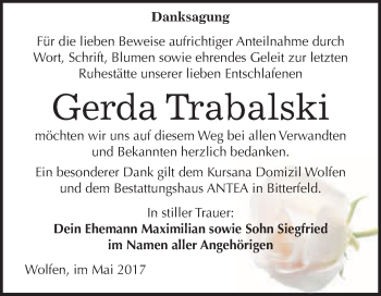 Traueranzeige von Gerda Trabalski von WVG - Wochenspiegel Bitterfeld