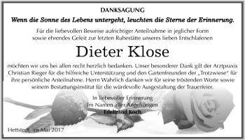 Traueranzeige von Dieter Klose von Mitteldeutsche Zeitung Mansfelder Land