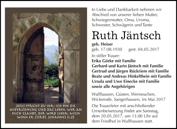 Traueranzeige von Ruth Jäntsch von Super Sonntag SGH Mansf. Land