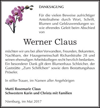 Traueranzeige von Werner Claus von Mitteldeutsche Zeitung Bernburg