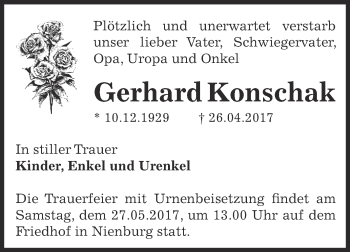 Traueranzeige von Gerhard Konschak von Super Sonntag Bernburg