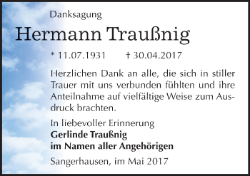 Traueranzeige von Hermann Traußnig von Mitteldeutsche Zeitung Sangerhausen