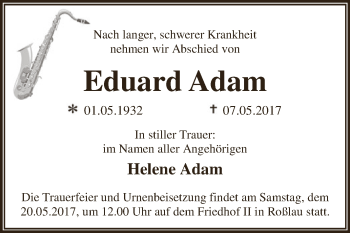 Traueranzeige von Eduard Adam von WVG - Wochenspiegel Dessau / Köthen