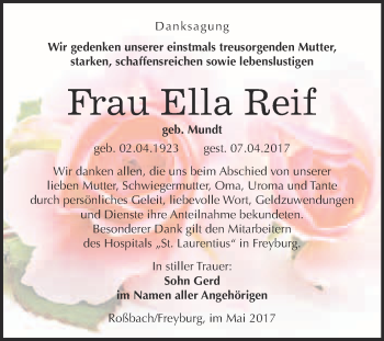 Traueranzeige von Ella Reif von WVG - Wochenspiegel Merseburg